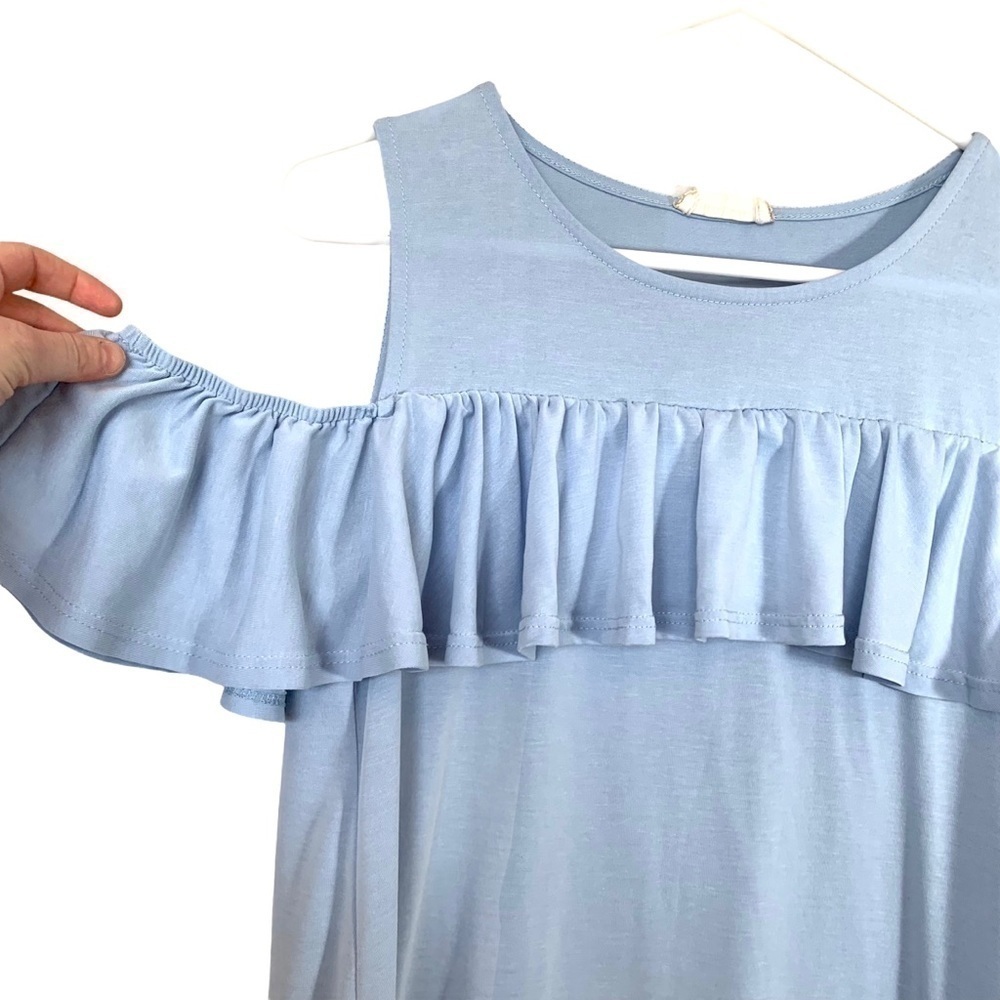 Altar’d State Solid Powder Blue Cold Shoulder Ruffled Shift Dress Small - Picture 5 of 15